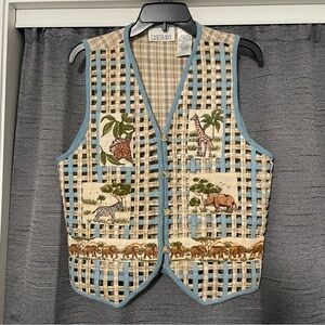 Vintage 90’s Teacher Africa Animals Safari Plaid Patchwork Vest Adjustable Tie